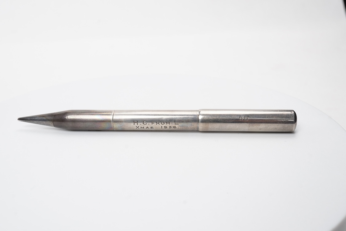 A rare A De la Rue Onoto Sterling silver combination fountain pen and pencil, lever filler and propelling pencil